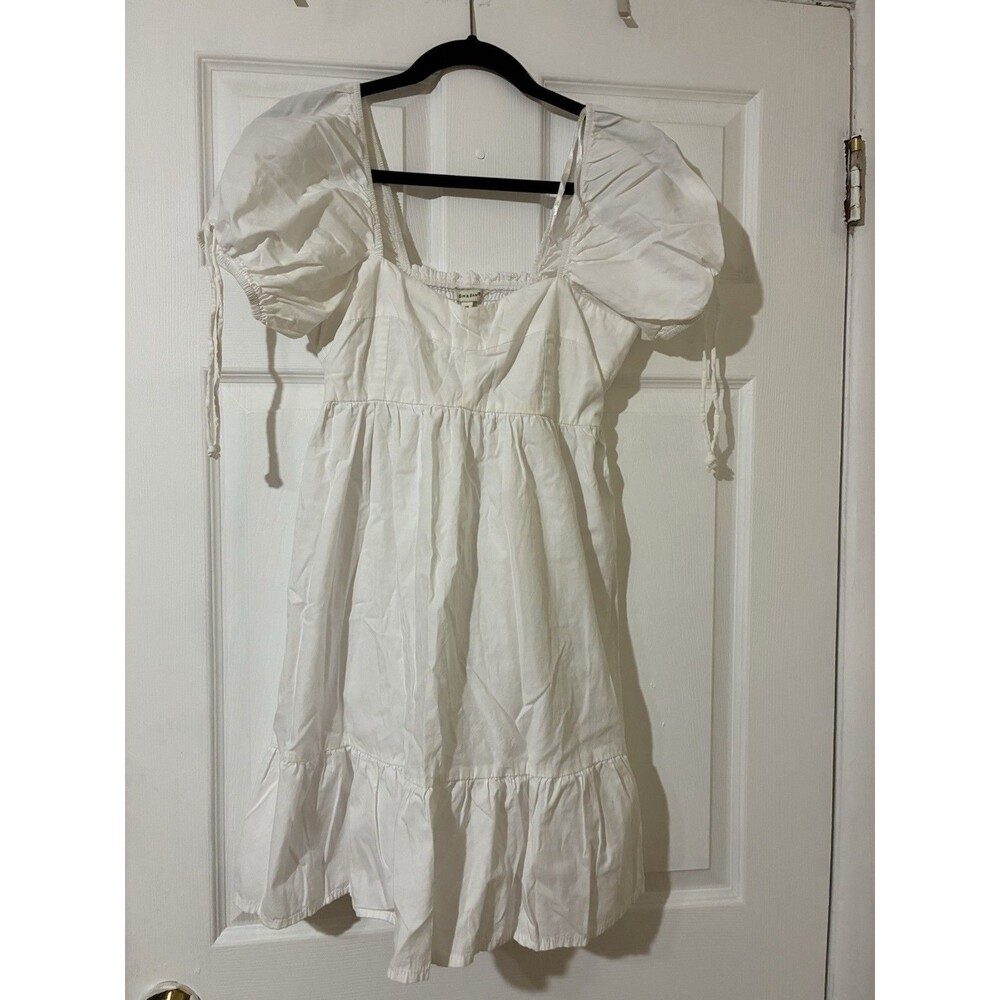 Sim And Sam Dress Women M White Puff Sleeve Ruffle Hem Smocked Cotton Dress
